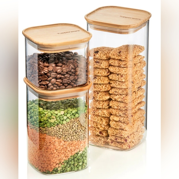 Tupperware Kitchen Glass Bamboo Storage Jars 3pc Set Poshmark